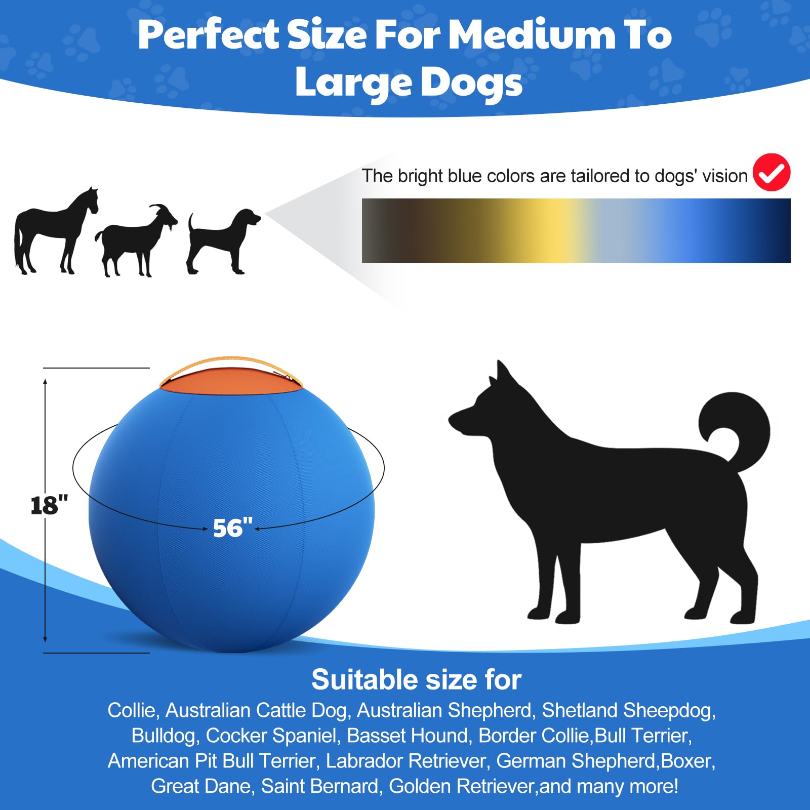 Happypaw 18in Herding Ball high-contrast blue/orange, improves visibility during games.