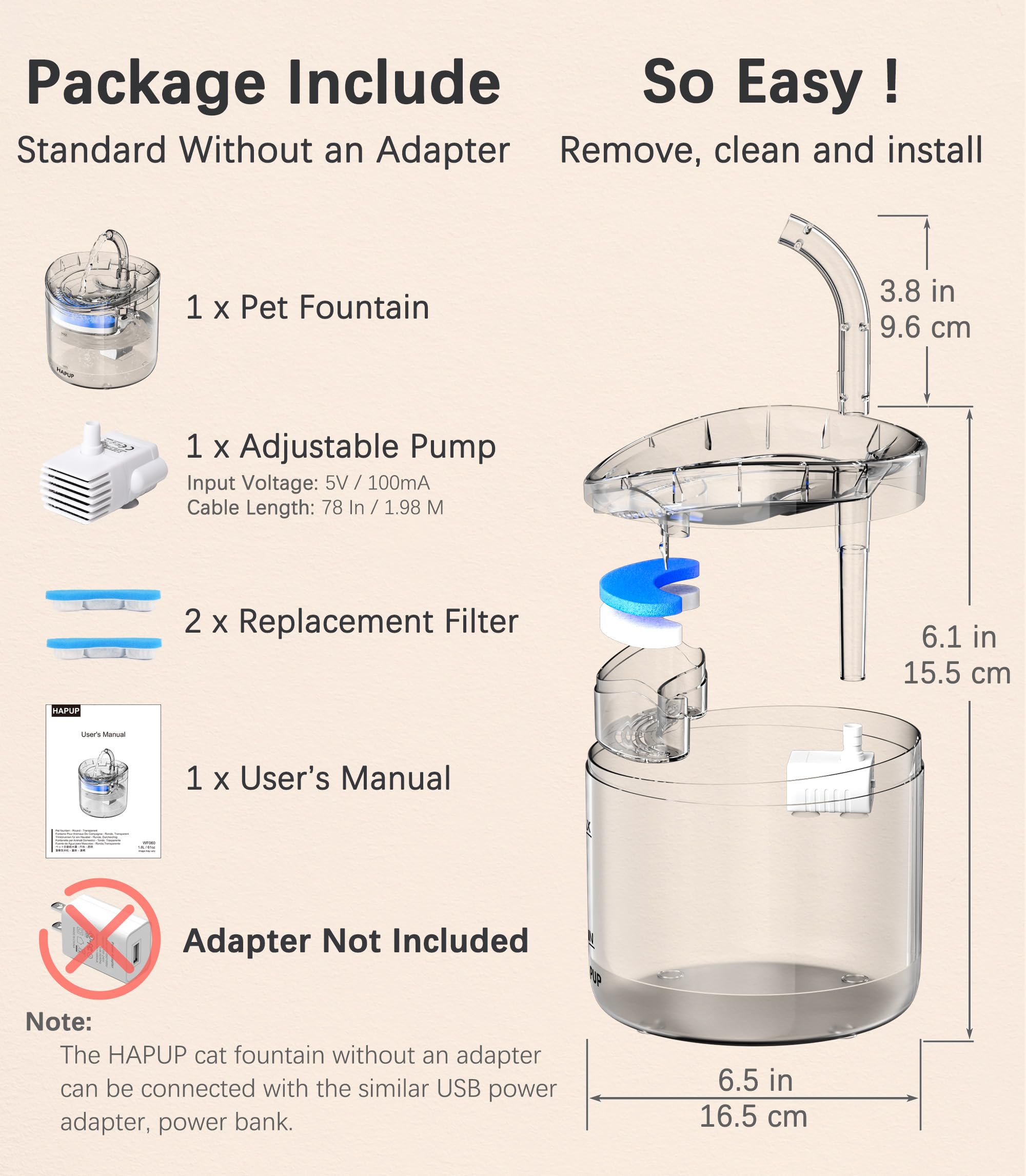 HAPUP cat fountain 1.8L capacity reduces refills in busy homes
