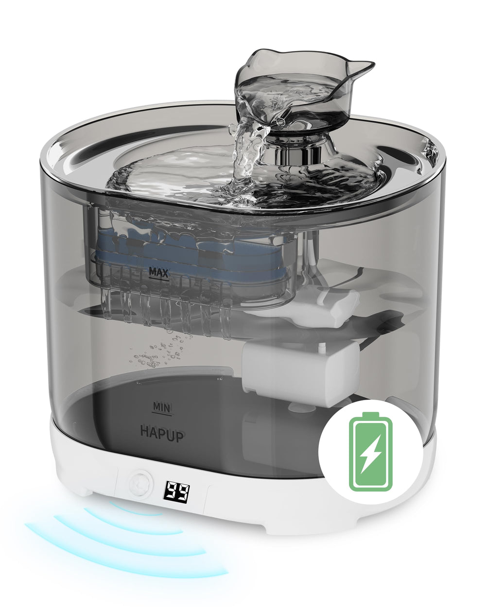 HAPUP cordless cat water fountain assembly enables flexible placement and cordless operation.