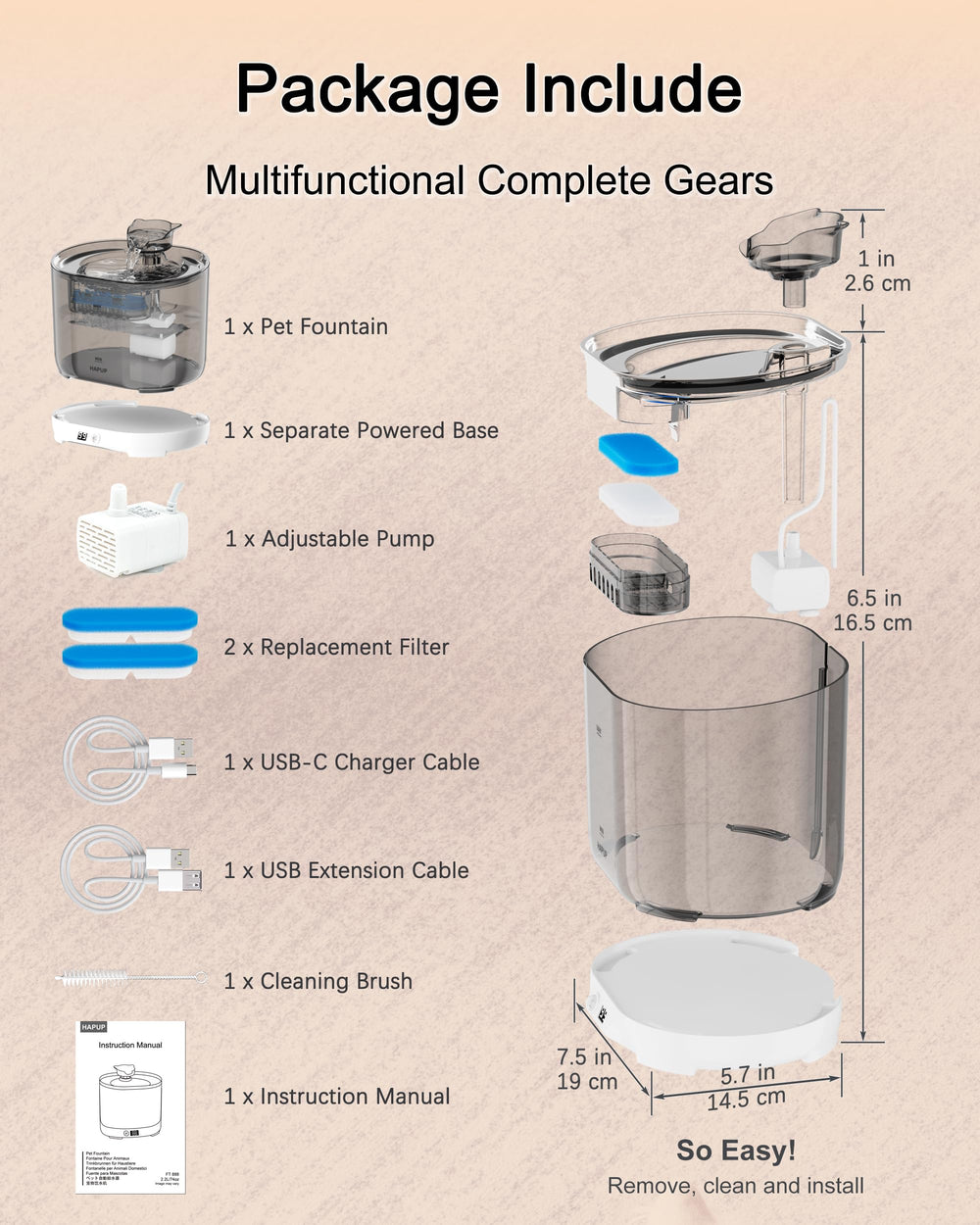 HAPUP packaged accessories show replacement parts for easy maintenance.
