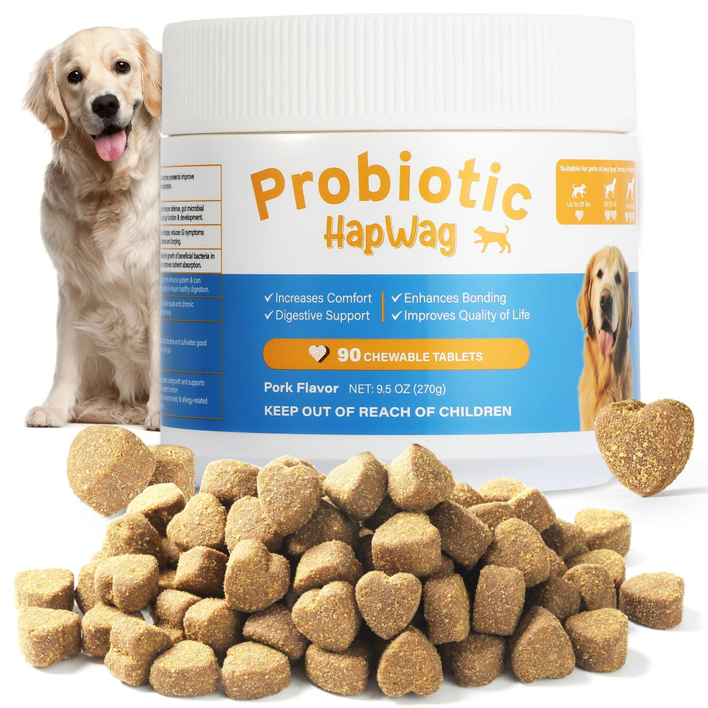 HAPWAG dog allergy chews pork flavor packaging demonstrates all-breed support.