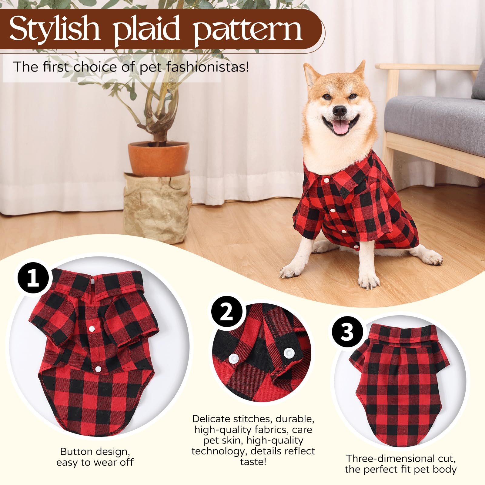 Harbyel plaid dog shirts easy-snap-on-off on-dog use