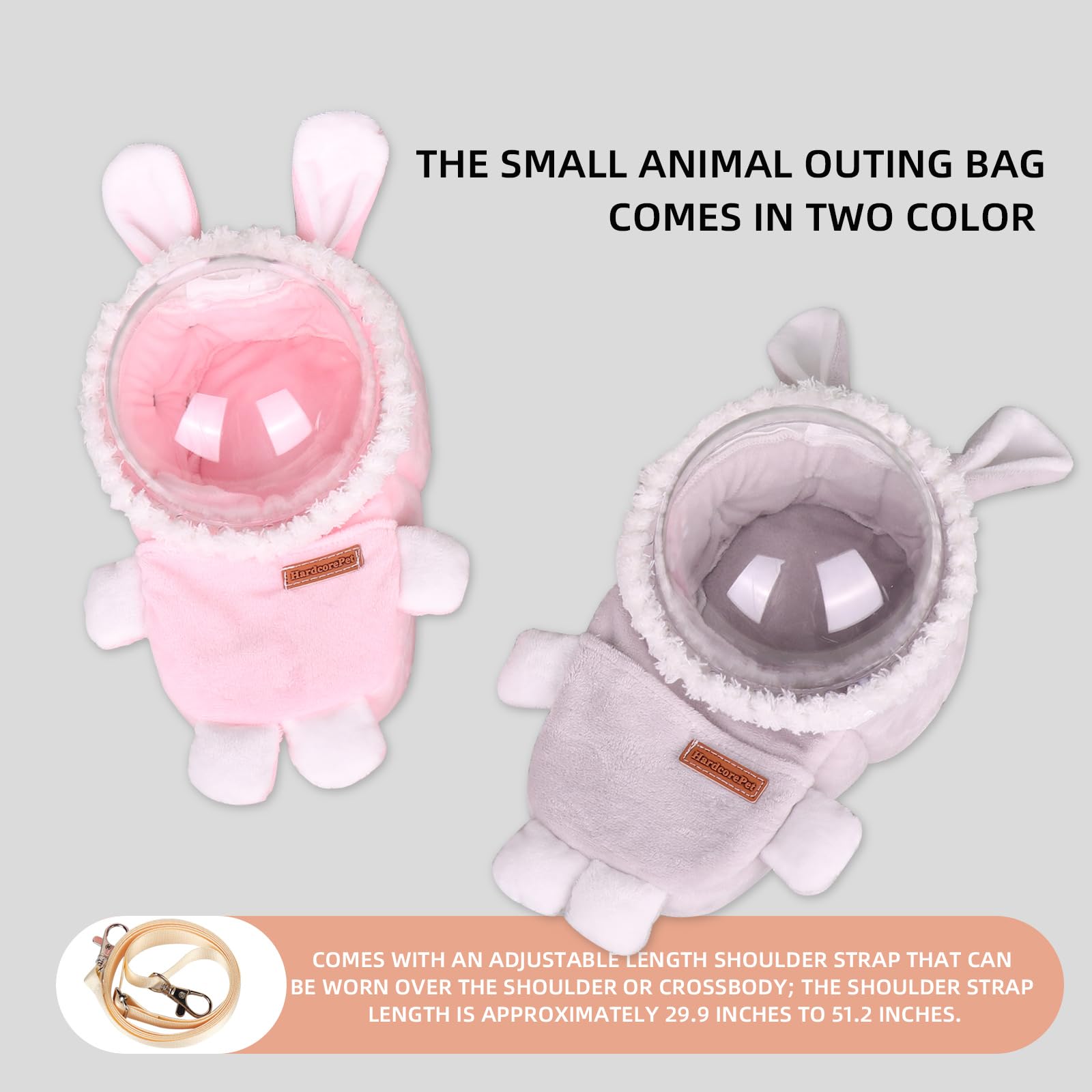 HardcorePet hamster carrier rabbit shape grey adjustable shoulder strap for hands-free carrying.