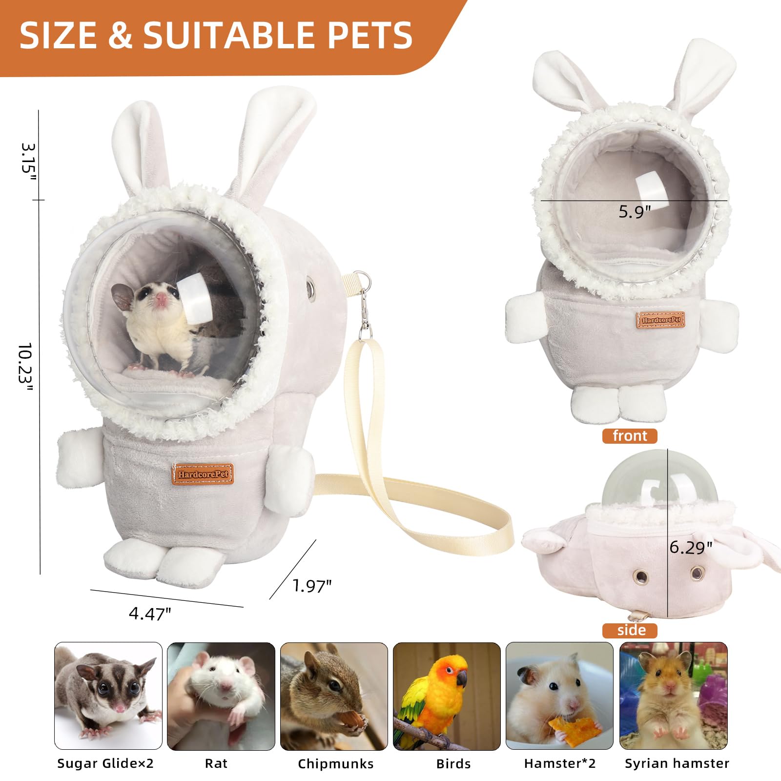 HardcorePet hamster carrier rabbit shape grey detachable zipper cover for easy cleaning.