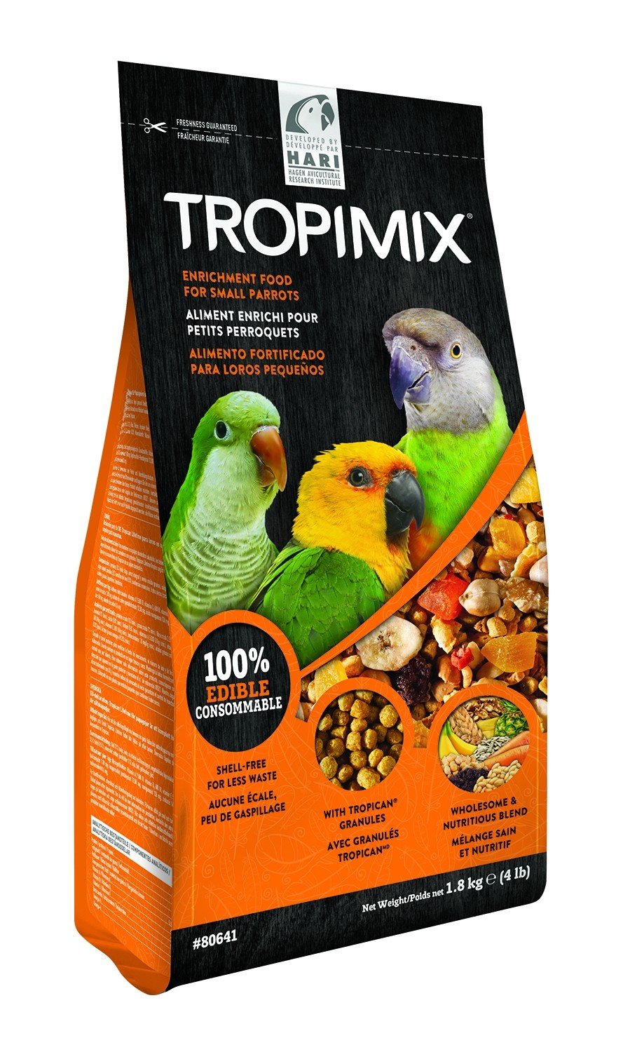 Hari Hagen Tropimix ingredients closeup shows fruits, nuts, grains for balanced nutrition.