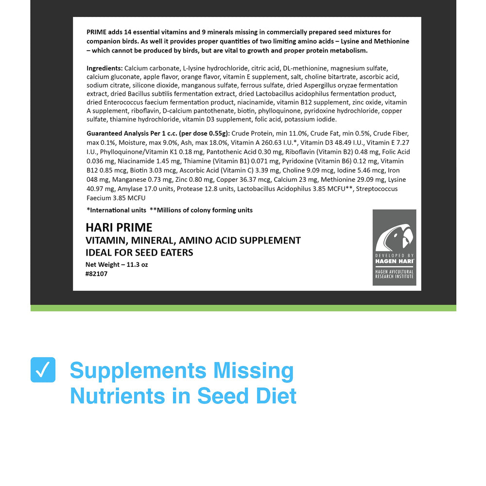 Hari Prime bottle label closeup highlighting key ingredients for seed-eating birds.