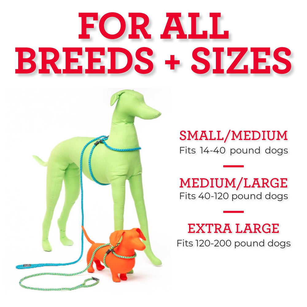 Harness Lead size-range chart with adjustable stops for a precise, personalized fit.