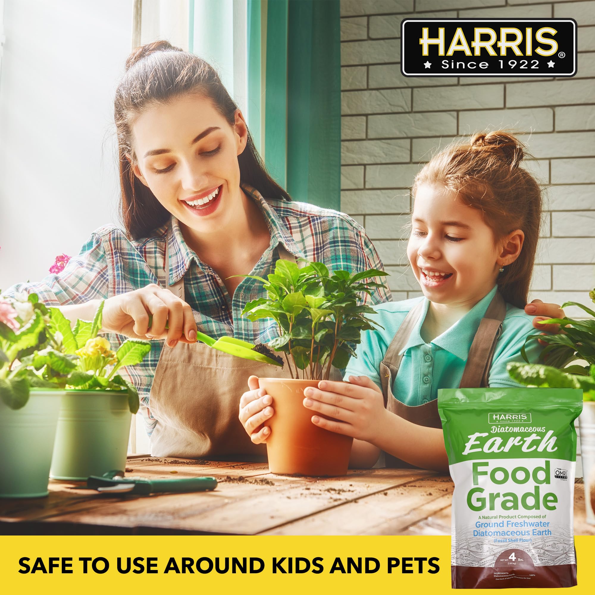 Harris Diatomaceous Earth 5lb in garden bed, safe dust for soil health and mulch