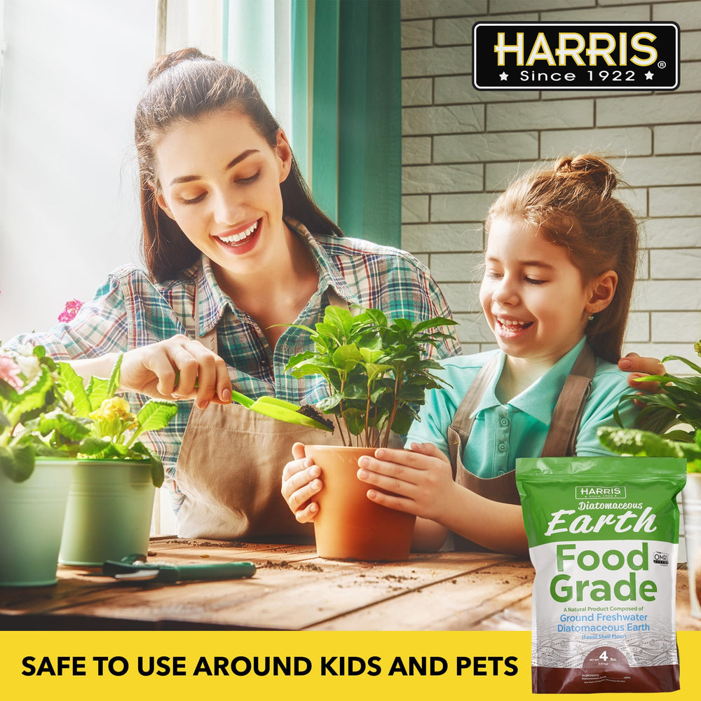 Harris Diatomaceous Earth 5lb in garden bed, safe dust for soil health and mulch