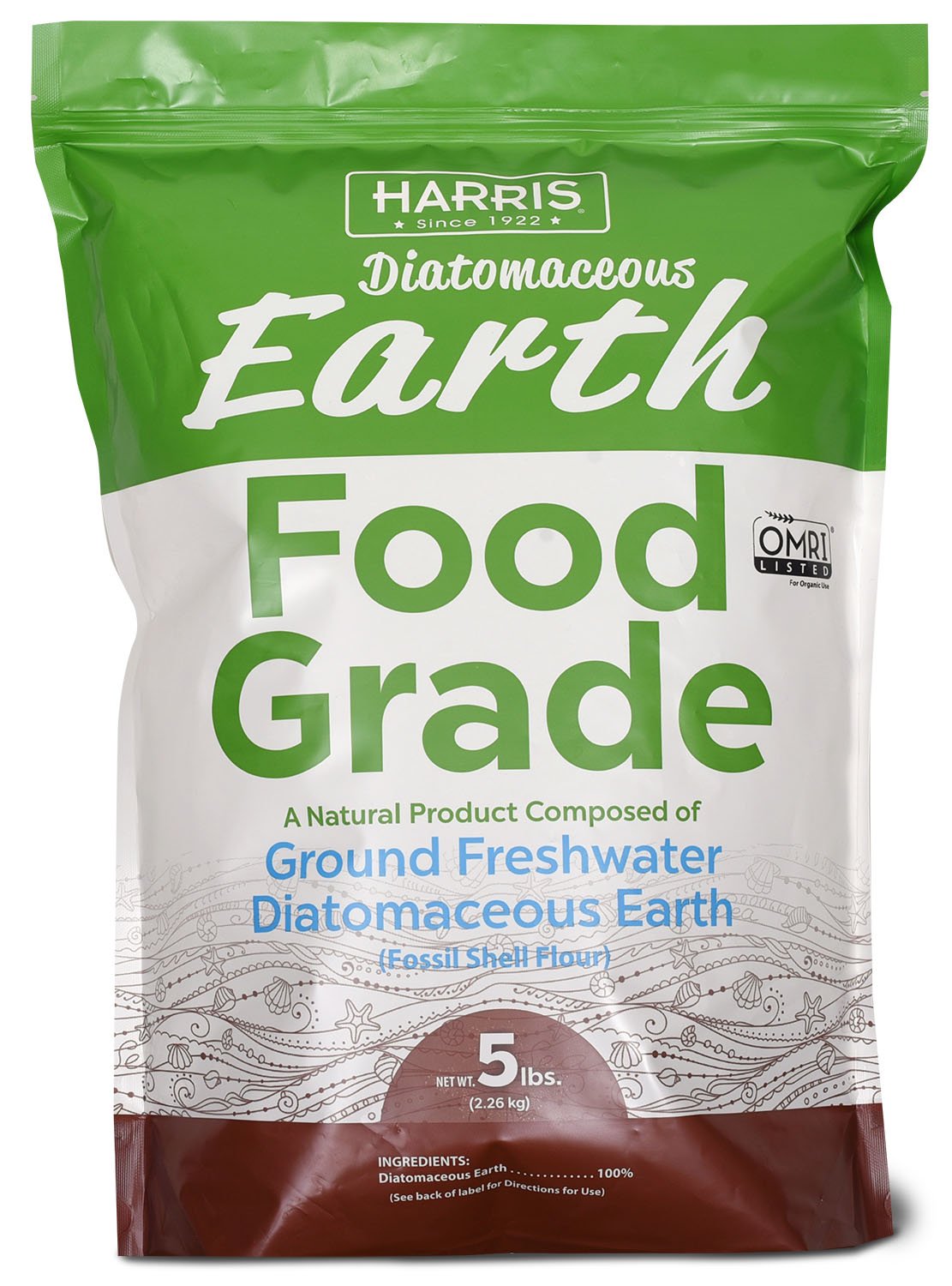 Harris Diatomaceous Earth 5lb packaging shows OMRI-listed, chemical-free soil amendment potential