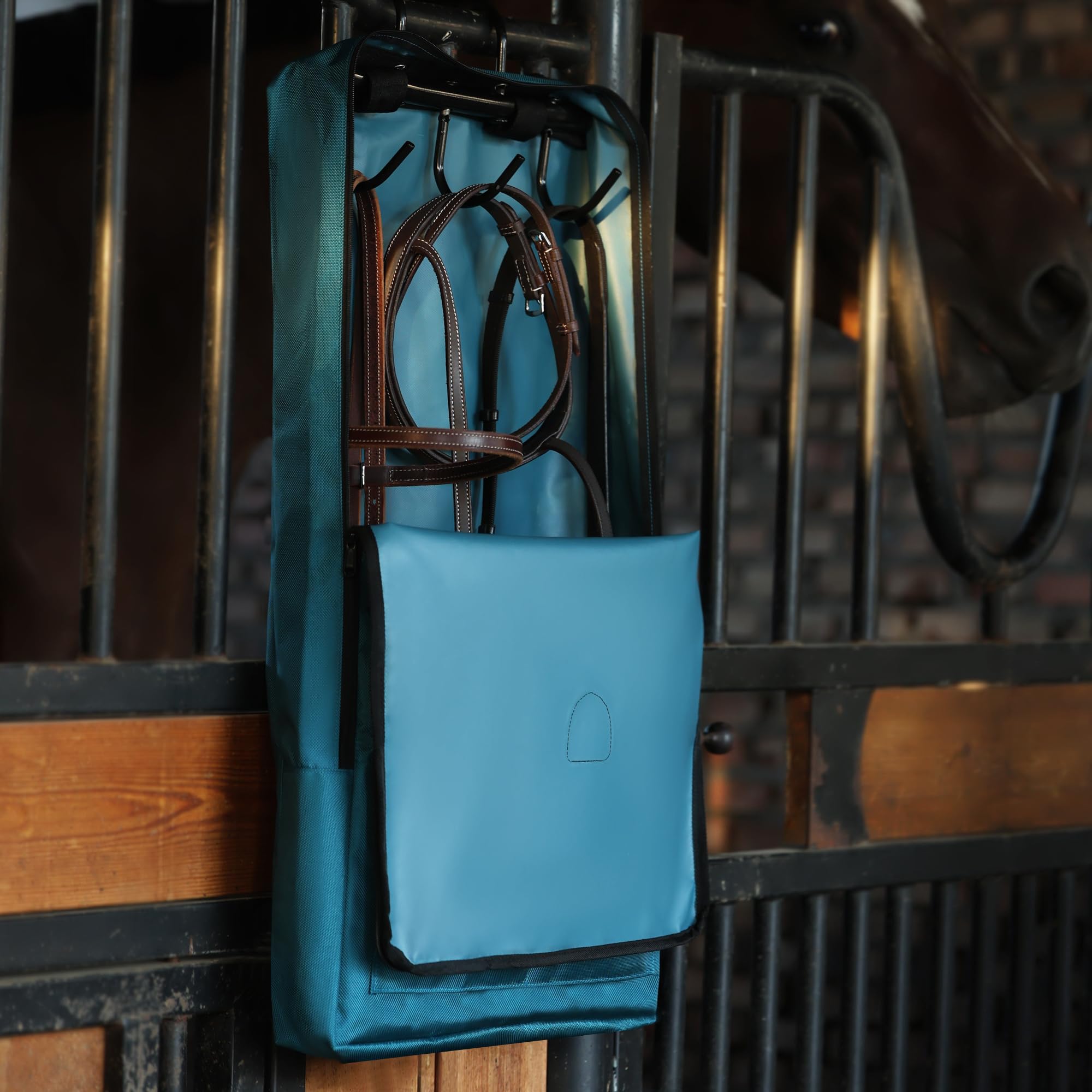 Harrison Howard bridle bag teal easy-clean wipe-down maintenance.