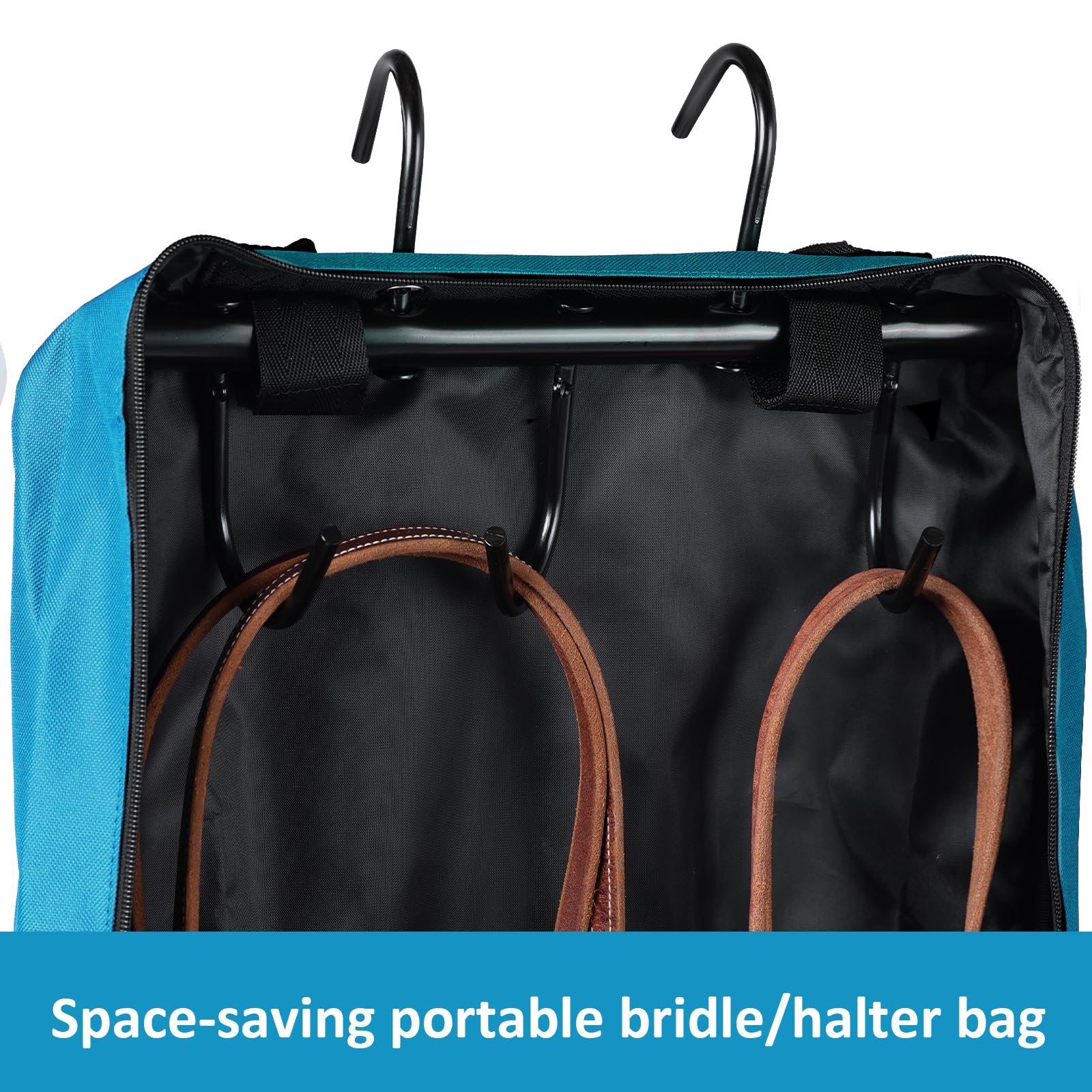 Harrison Howard bridle bag teal three-prong tack rack for easy hanging.