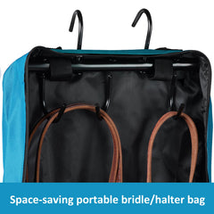 Harrison Howard bridle bag teal three-prong tack rack for easy hanging.
