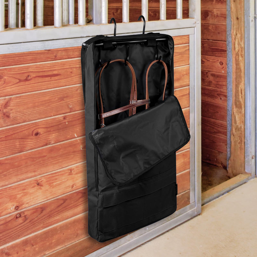Harrison Howard Bridle/Halter Bag open compartment reveals roomy main storage.