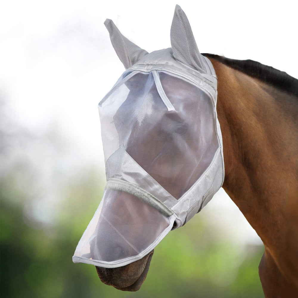 Harrison Howard CareMaster fly mask Moonlight Silver provides full-face protection and breathable comfort during turnout.
