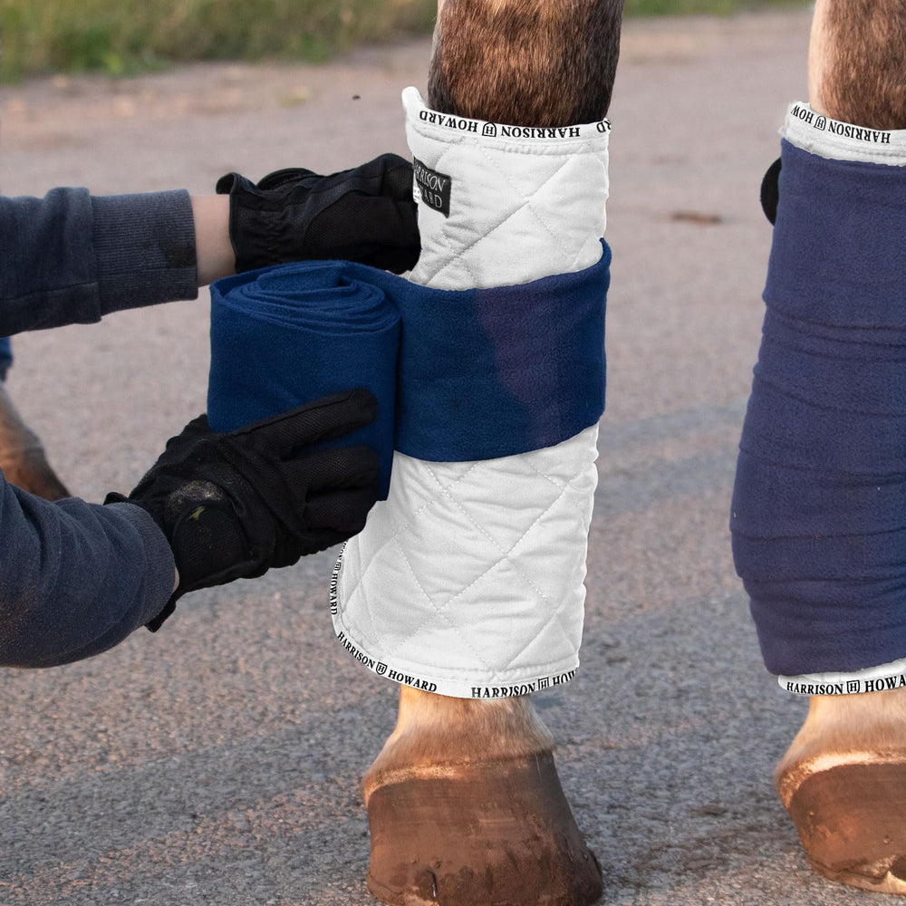 Harrison Howard easy-application leg wrap white demonstrates quick setup.
