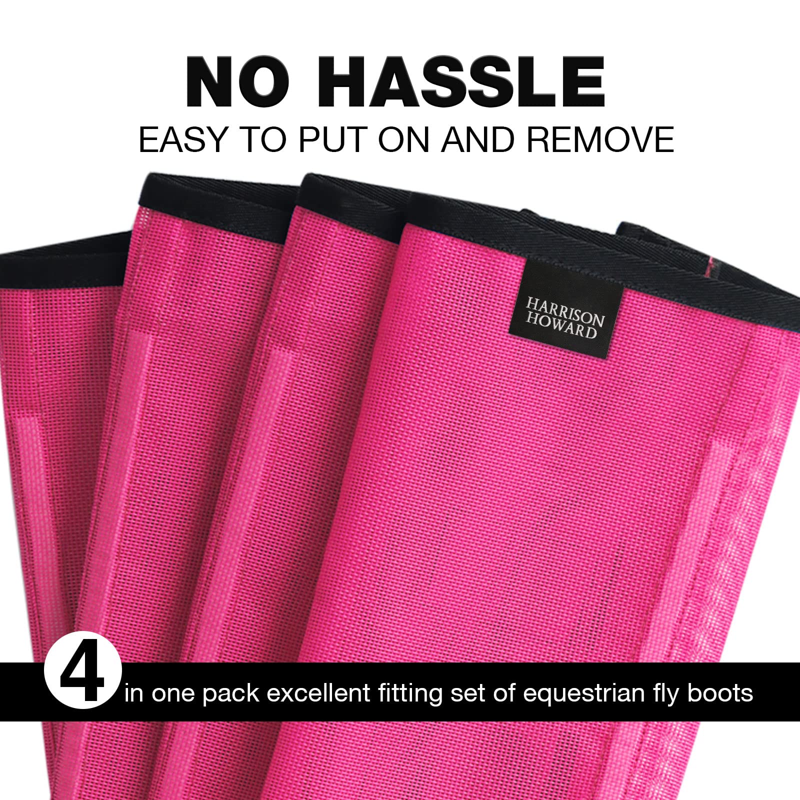 Harrison Howard fly boots four-fasteners offer secure on-off closure for busy barns