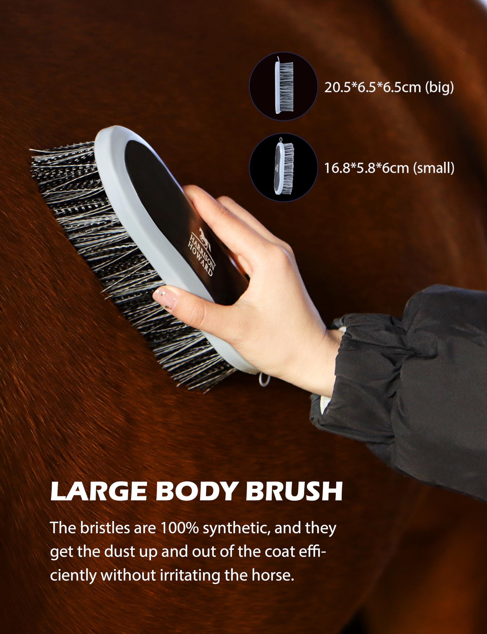 Harrison Howard grooming kit sweat scraper efficiently removes moisture after brushing.