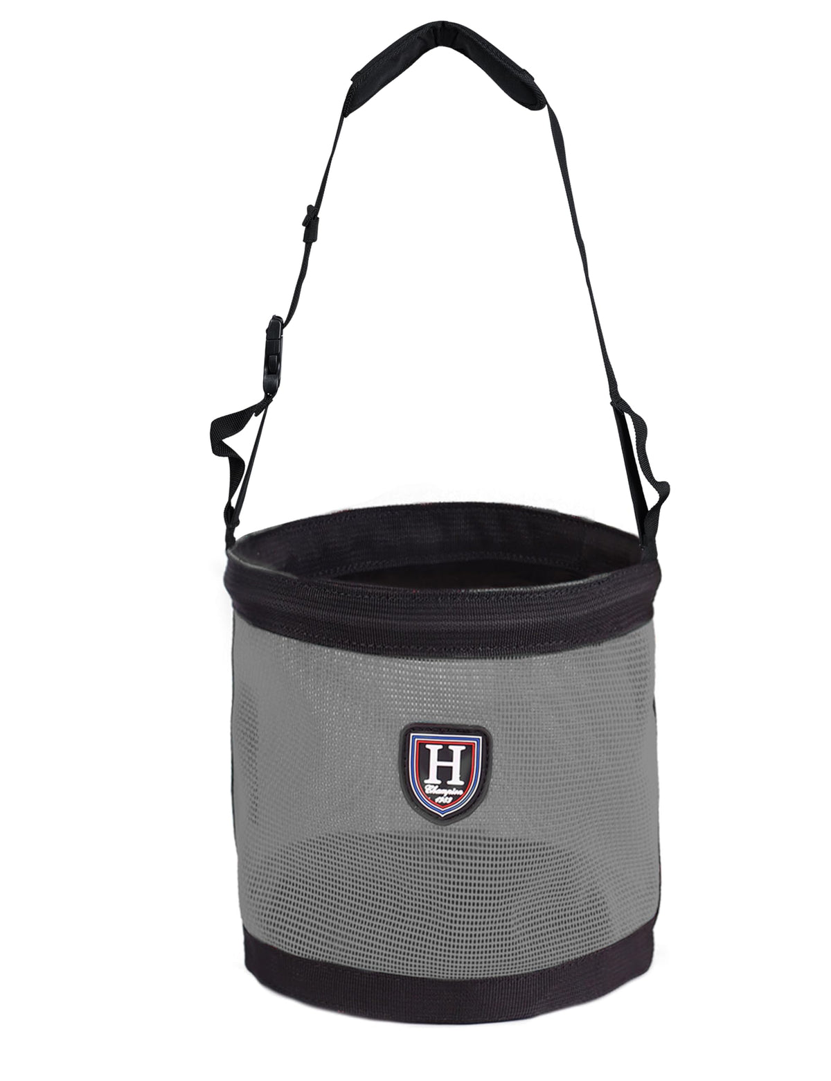 Harrison Howard horse muzzle feed bag dark gray with padded neck strap—spill-proof feeding in action