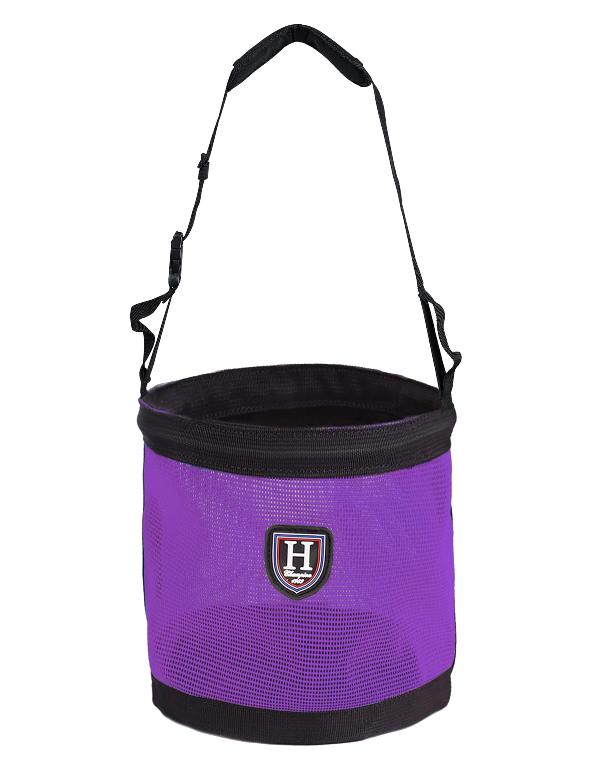 Harrison Howard horse muzzle feed bag with spill-proof lip reduces waste during feeding.