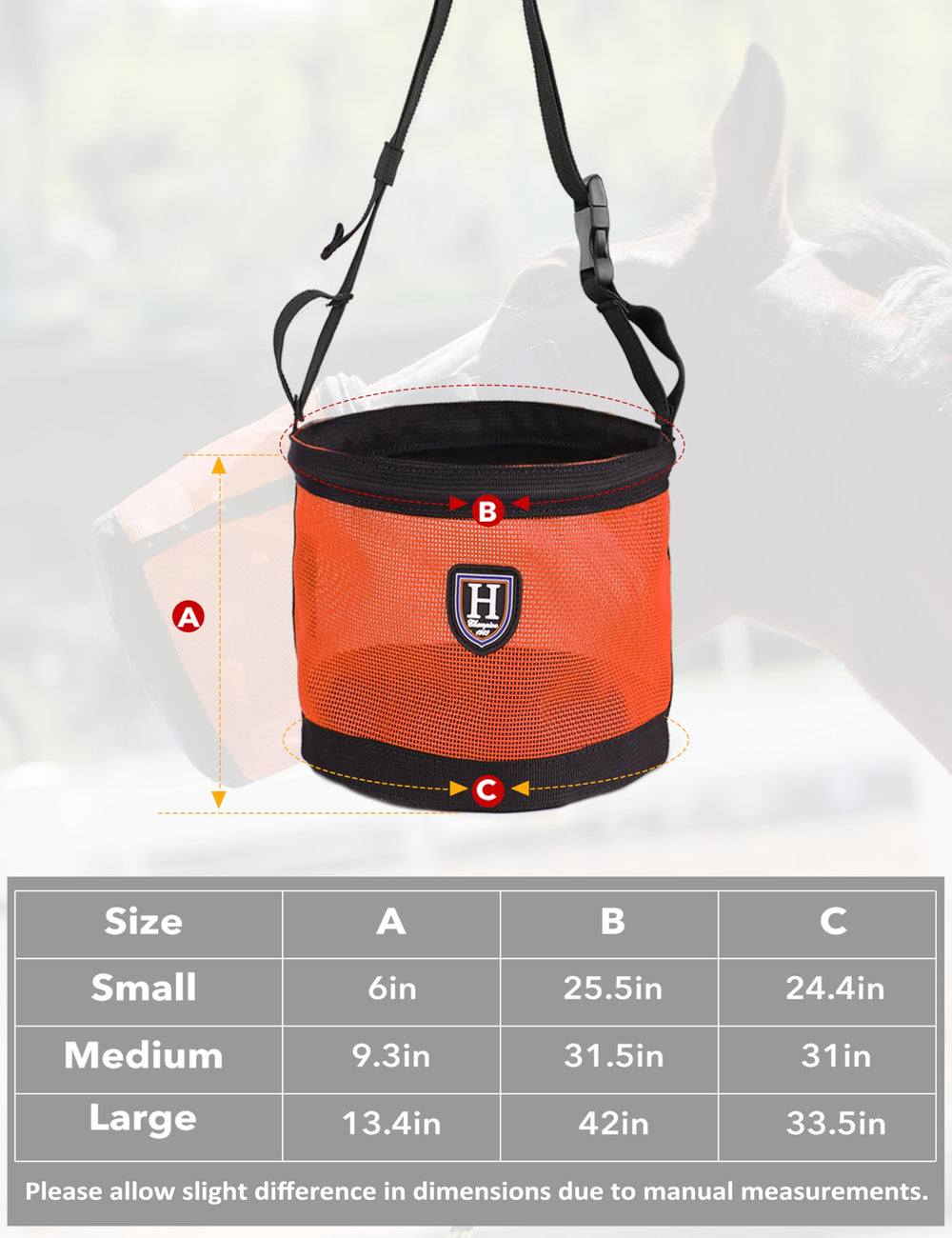 Harrison Howard muzzle bag small orange fit suitable for smaller horses.
