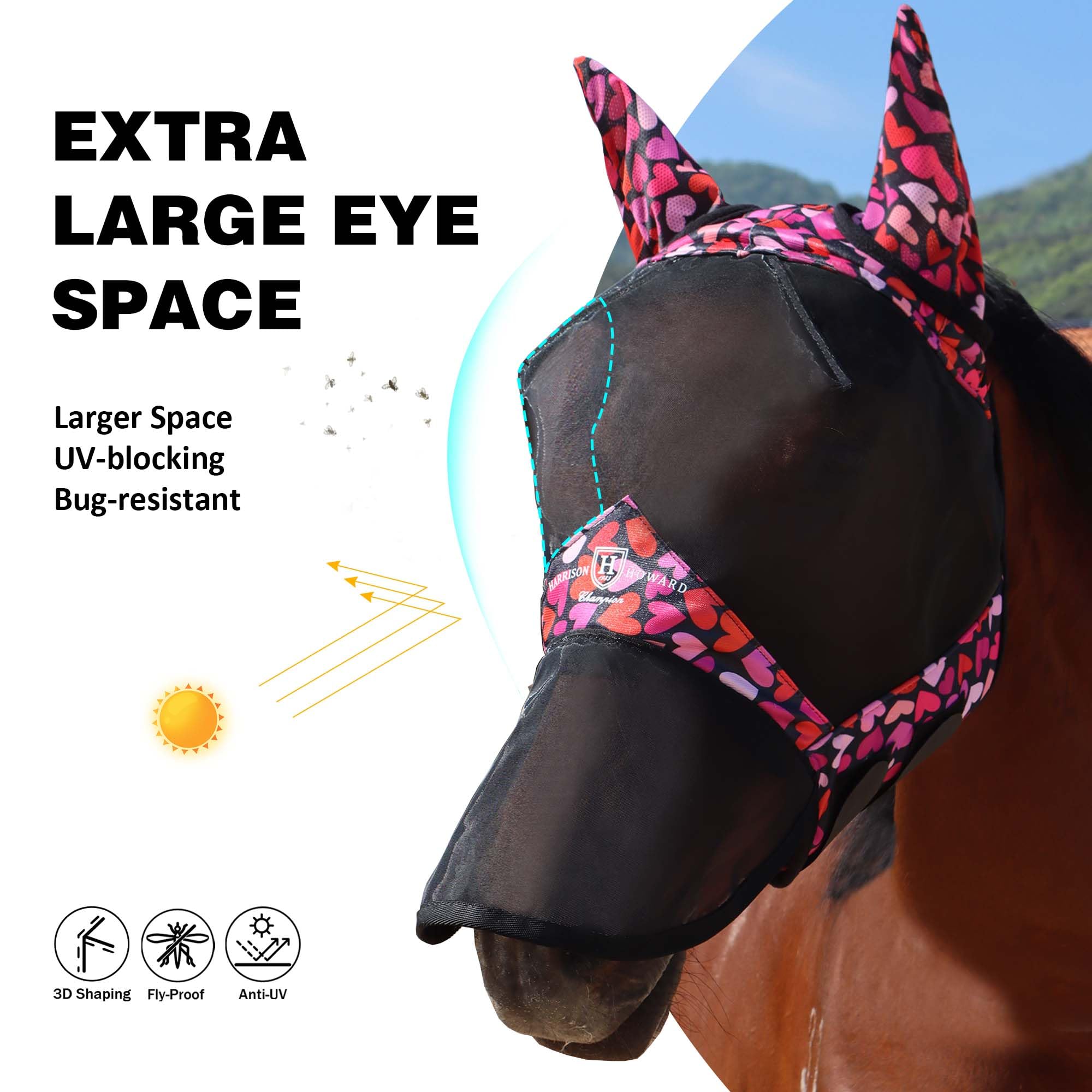 Harrison Howard Pro LumiVista long-nose-with-ears mask showing adjustable fit for horses.