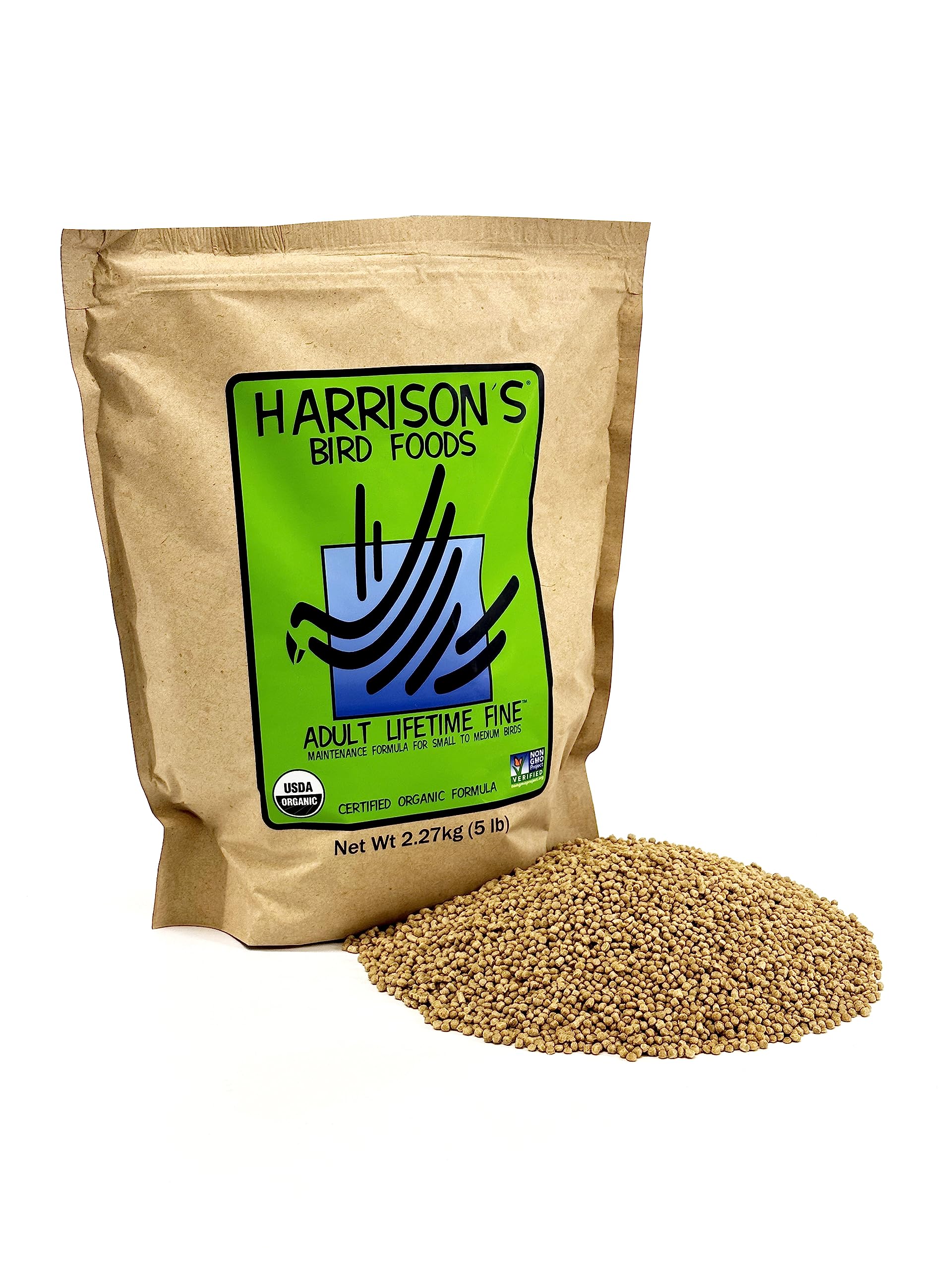 Harrison's Bird Foods Adult Lifetime Fine bag label highlights organic nutrition.