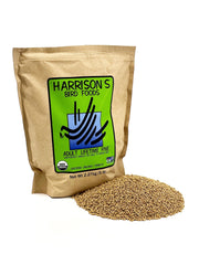 Harrison's Bird Foods Adult Lifetime Fine bag label highlights organic nutrition.