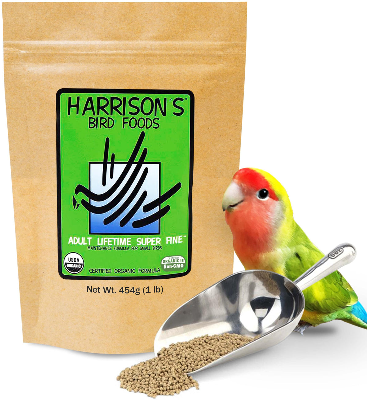 Harrison's Adult Lifetime Organic Small-Bird bag for year-round nutrition.