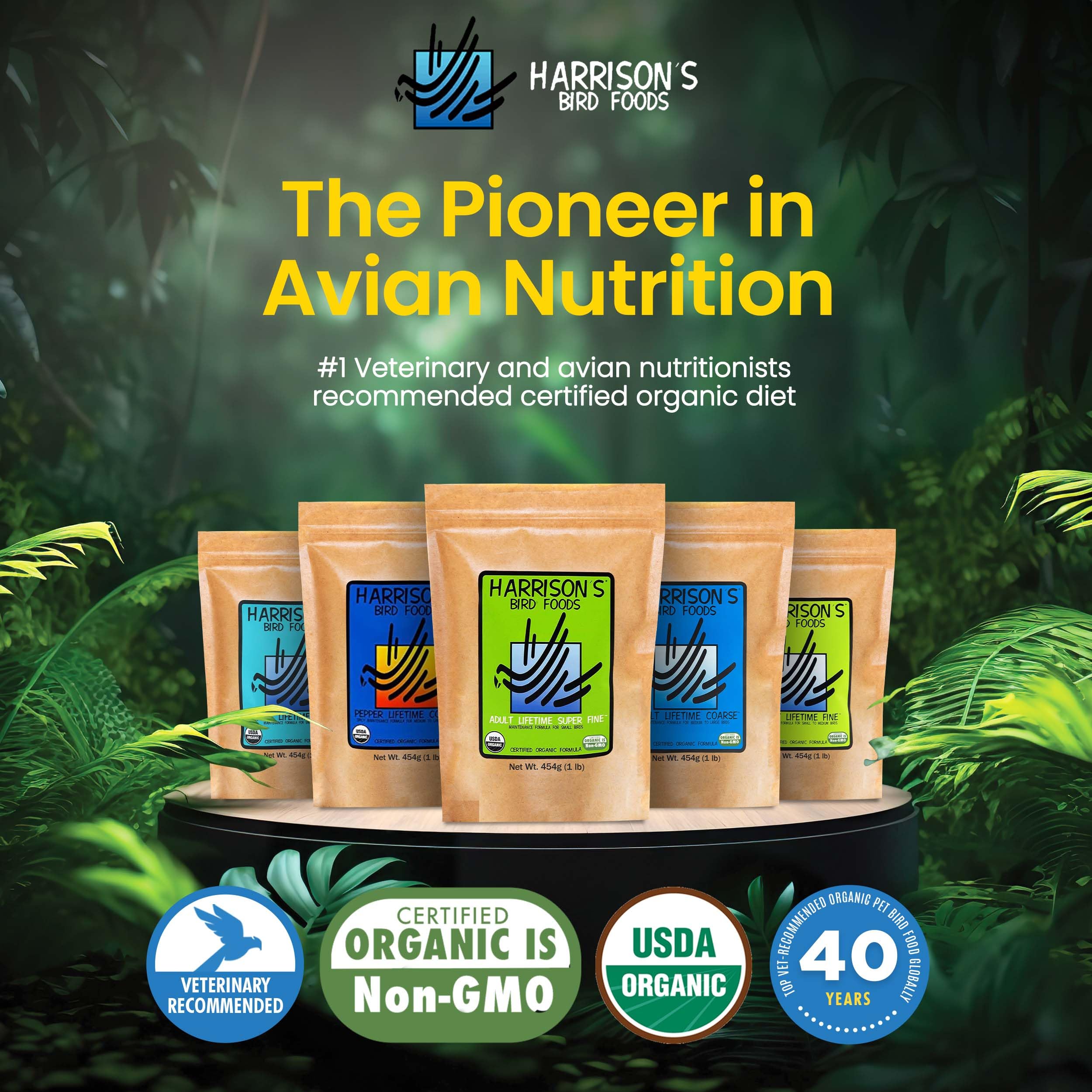 Harrison's Adult Lifetime formula in a small-bird serving bowl highlighting balanced protein.