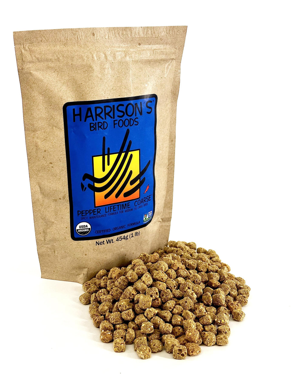 Harrison's Pepper Lifetime Coarse packaging shows organic, non-GMO formula for large birds.