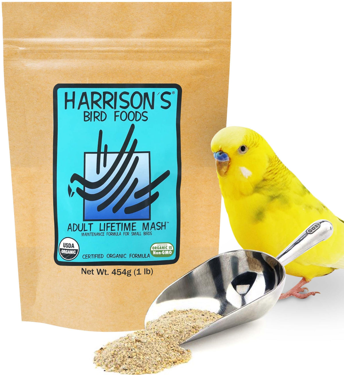 Harrison's Adult Lifetime Mash packaging highlights organic ingredients for healthy bird nutrition.