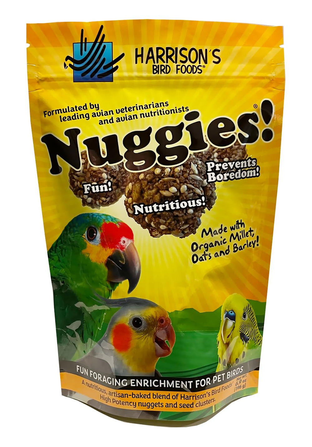 Harrison's Nuggies packaging view shows convenient nutrition for small to medium birds
