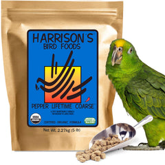 Harrison's Pepper Lifetime Coarse 5lb bag shows organic, non-GMO nutrition for medium to large birds