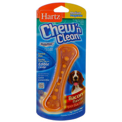 Hartz Chew N' Clean Dental Duo bacon toy supports a dog's chewing routine.