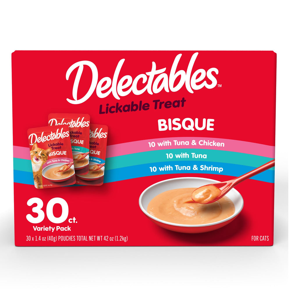 Hartz Delectables Bisque pouch open shows creamy texture ideal as a topper for picky eaters