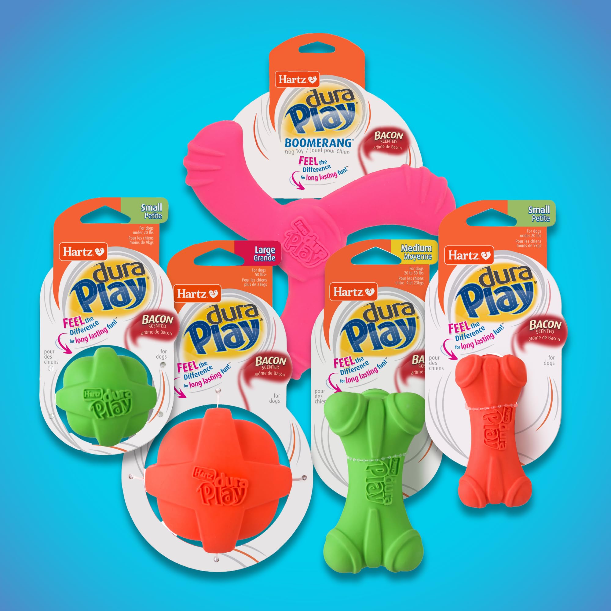 Hartz DuraPlay toy set close-up for small breeds showing variety