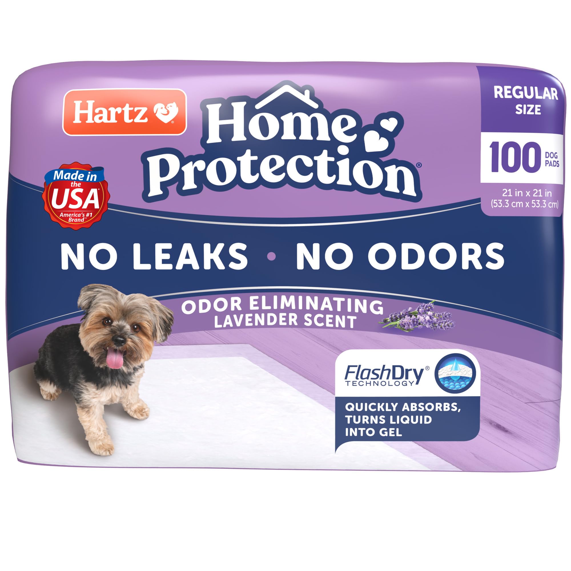 Hartz Home Protection Lavender Pads packaging shows a 100-count box for easy potty-training supply.