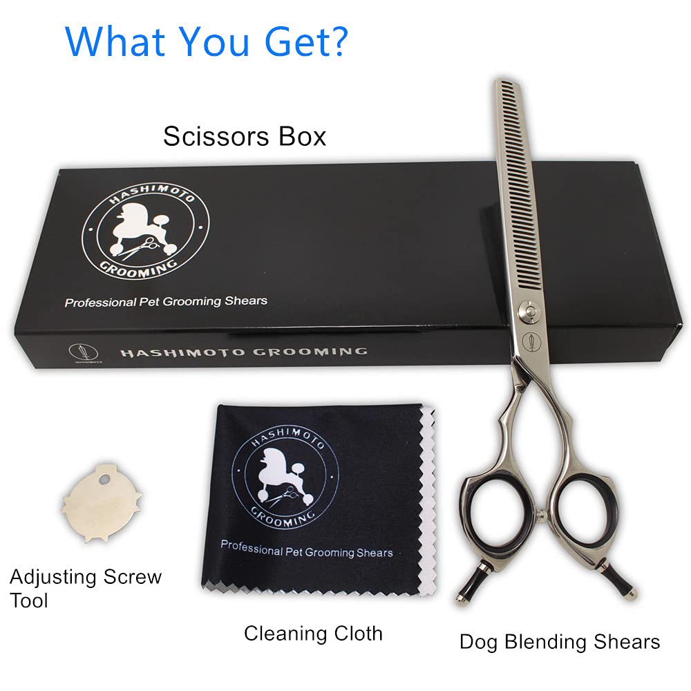 HASHIMOTO 7-inch blending shears in package designed for comfortable long grooming.