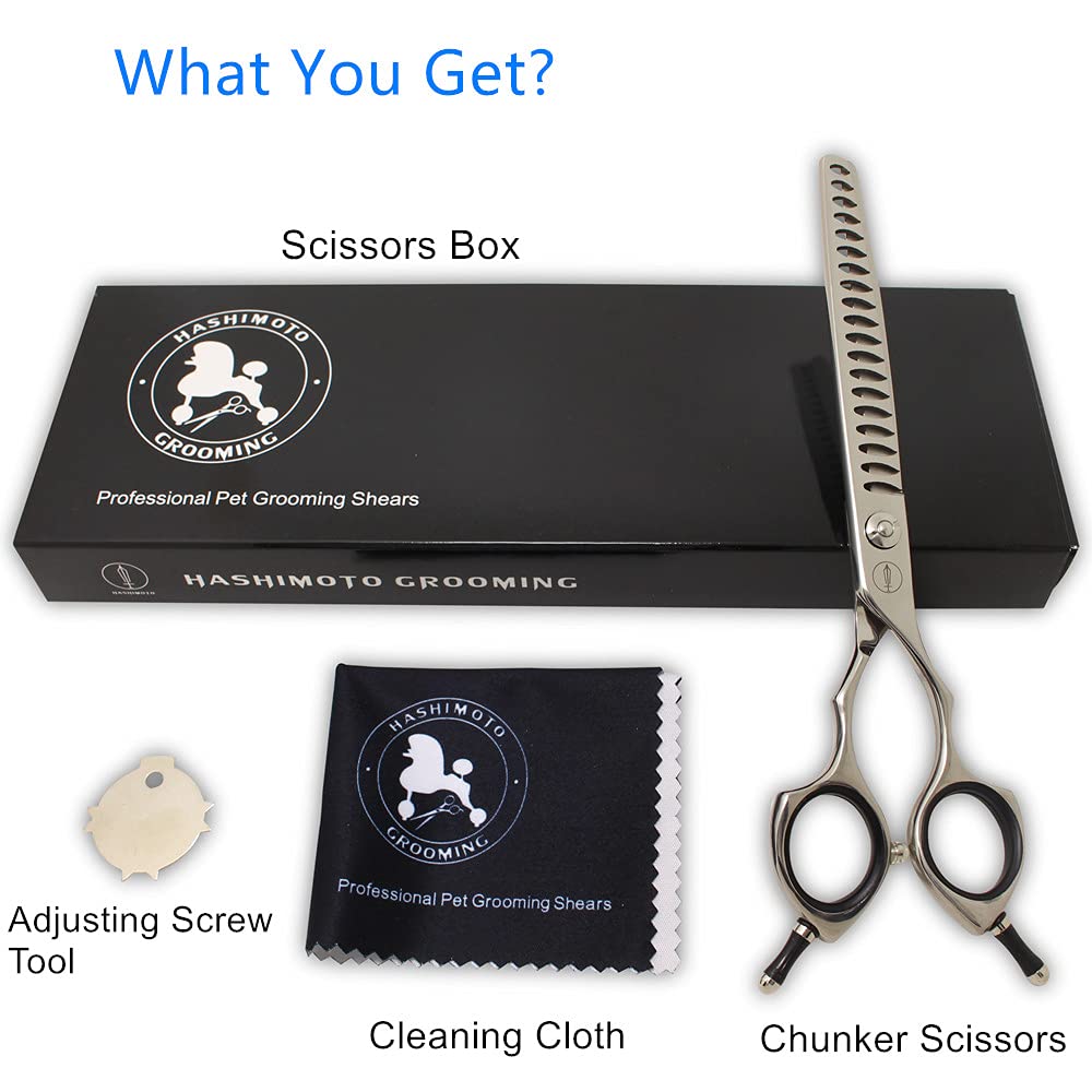 HASHIMOTO Chunker Scissors in dog grooming setup for precise feathering and thinning.
