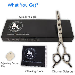 HASHIMOTO Chunker Scissors in dog grooming setup for precise feathering and thinning.