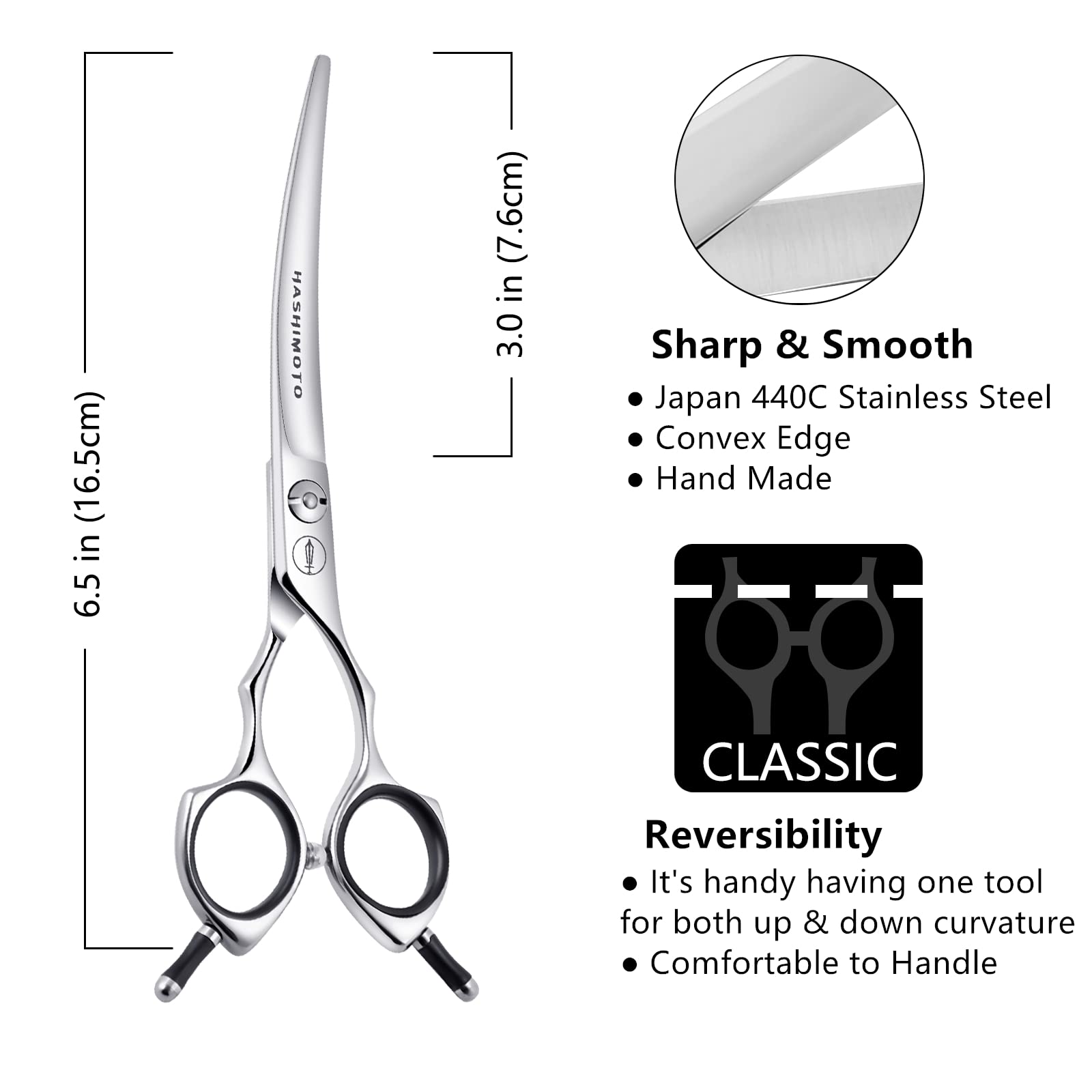 Hashimoto curved blade at 30 degrees for smooth contouring on dogs.