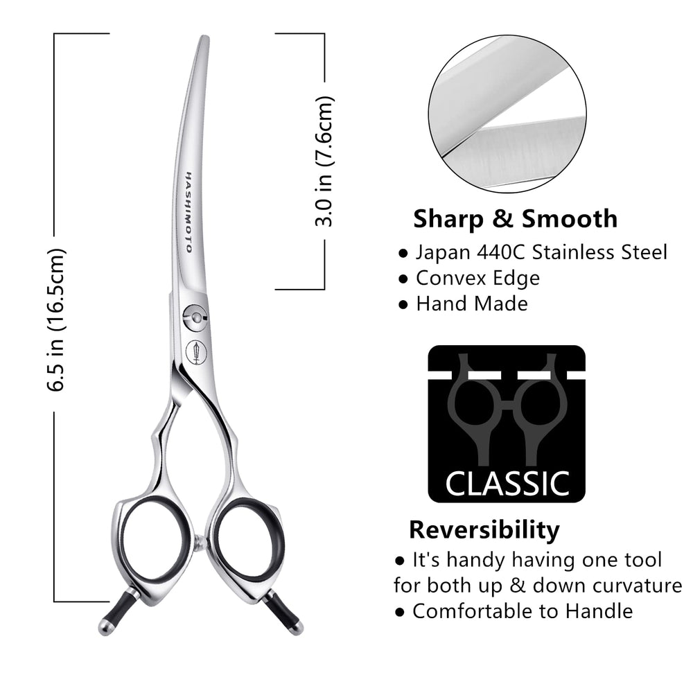 Hashimoto curved blade at 30 degrees for smooth contouring on dogs.