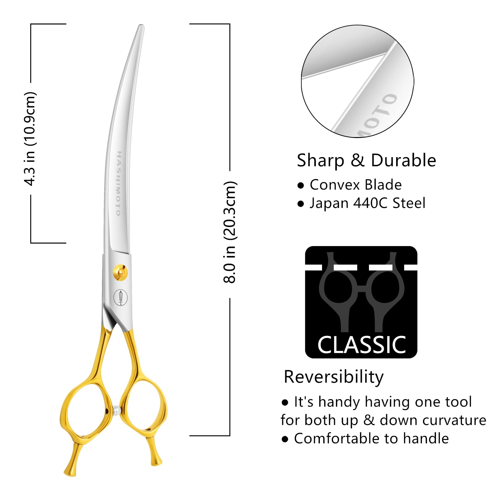 Hashimoto curved scissors close-up reveals Japanese Hitachi 440C blade for durable cuts.
