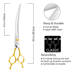 Hashimoto curved scissors close-up reveals Japanese Hitachi 440C blade for durable cuts.
