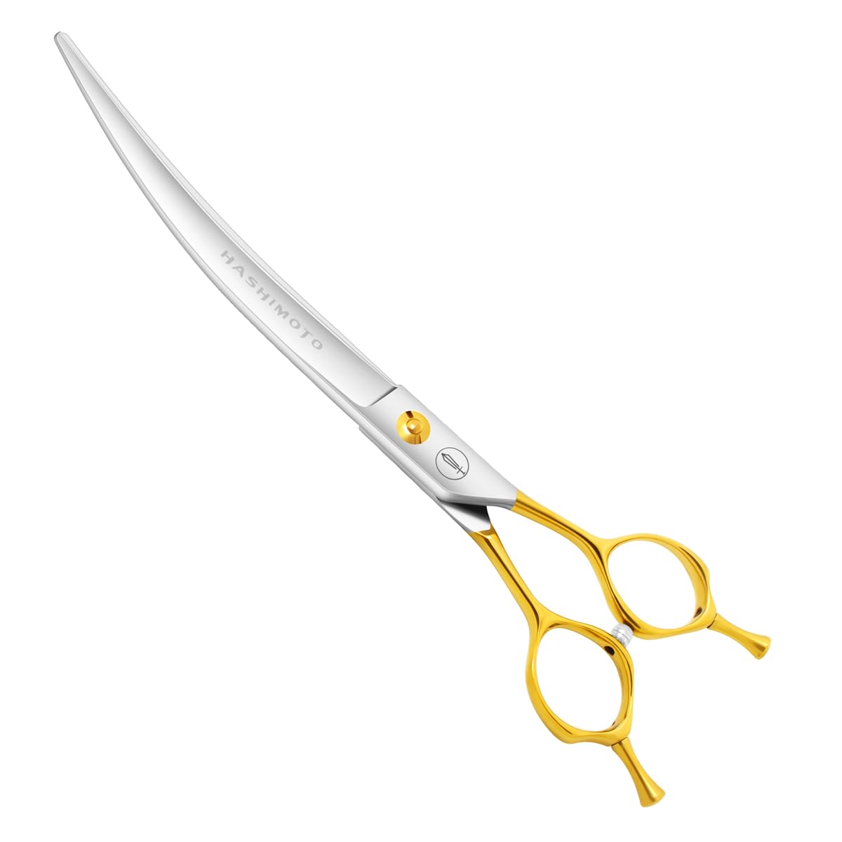 Hashimoto curved scissors for large dogs with 8-inch curved blade for precise grooming.