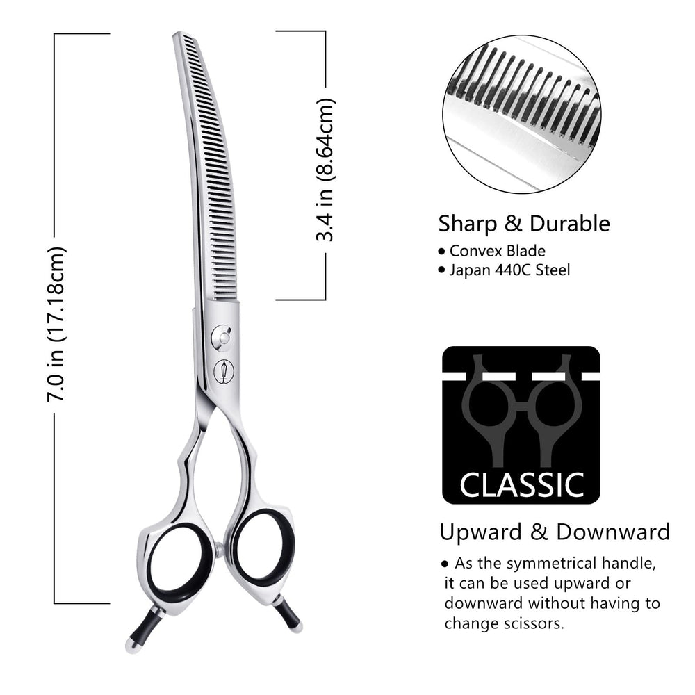 HASHIMOTO curved thinning shears close-up shows 50 teeth for precise thinning.