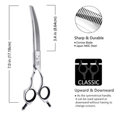 HASHIMOTO curved thinning shears close-up shows 50 teeth for precise thinning.