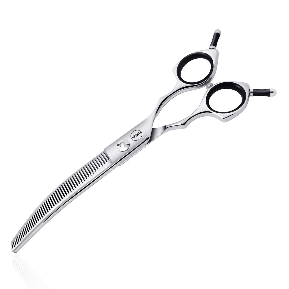 HASHIMOTO curved thinning shears for dogs, 7-inch view, ergonomic grip for comfortable grooming.