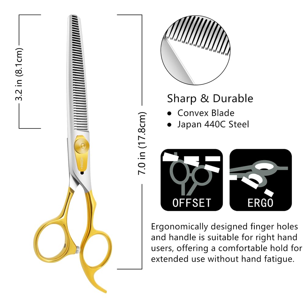 HASHIMOTO thinning shears close-up in 440C steel showing 46 teeth for even coat thinning.
